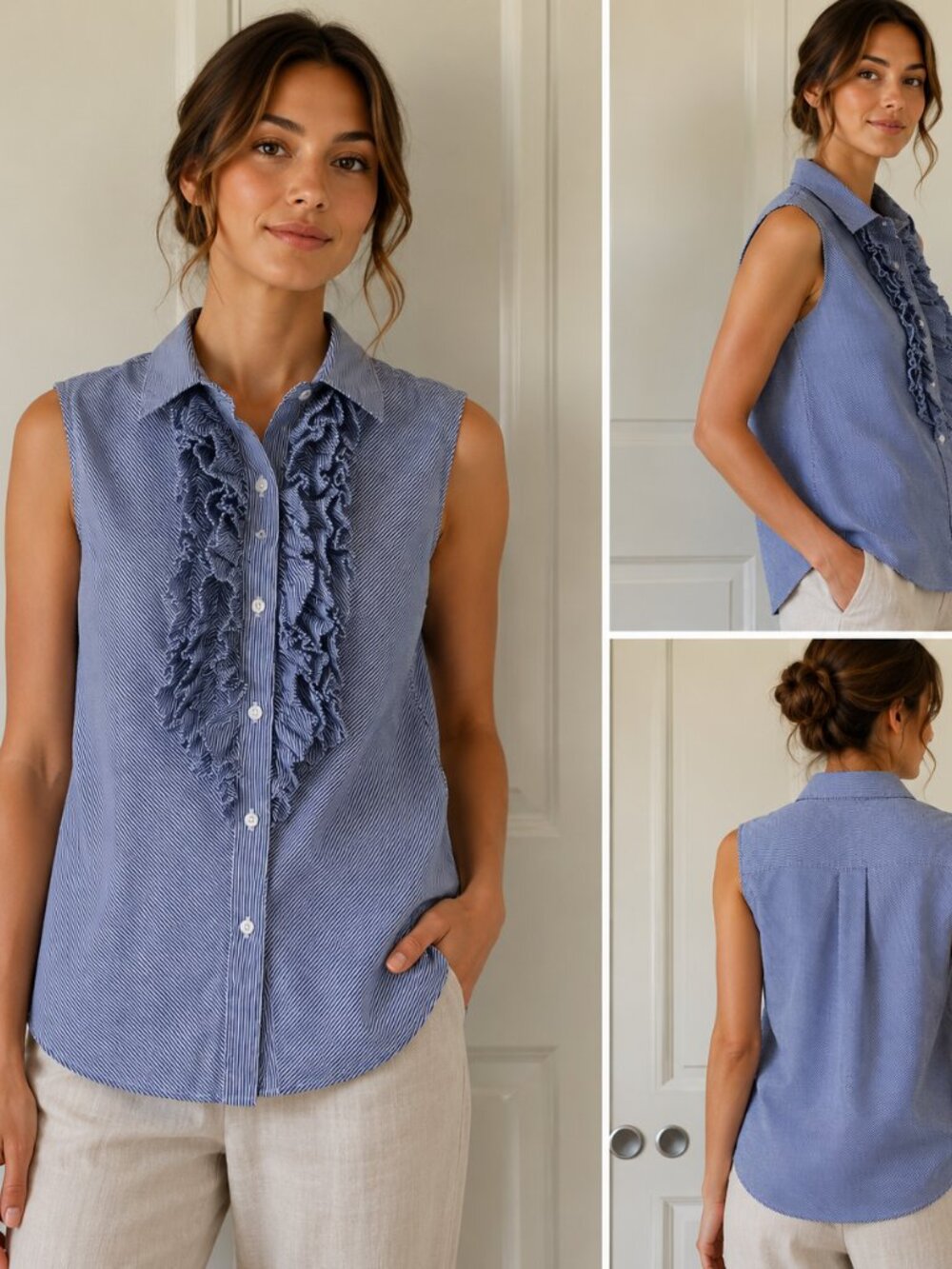 Polo Jeans Co Ralph Lauren Blue White Stripe Ruffle Sleeveless Blouse Size S